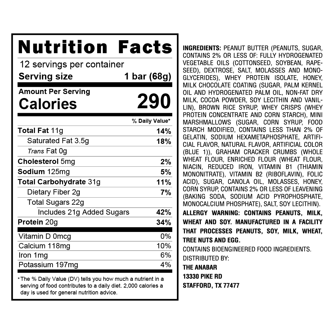 The Anabar's Campfire S'mores features nutrition facts and ingredients for a peanut butter chocolate bar with indulgent milk chocolate flair. It has 290 calories per serving, with peanut butter, corn syrup, and rich chocolate. Allergens include peanuts, milk, tree nuts, and soy.