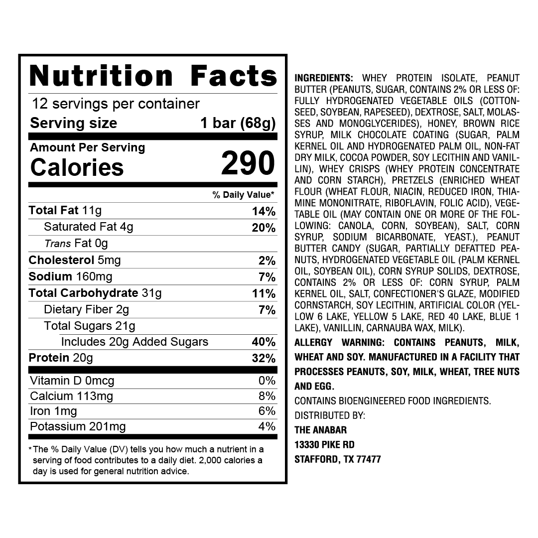 A black and white image of the nutrition facts label for The Anabar's Monster Cookie Crunch protein bar shows nutritional details, ingredients, and allergen warnings including peanuts, milk, and eggs. This milk chocolate treat is a protein-packed delight. Address: ABB in Stafford, TX.