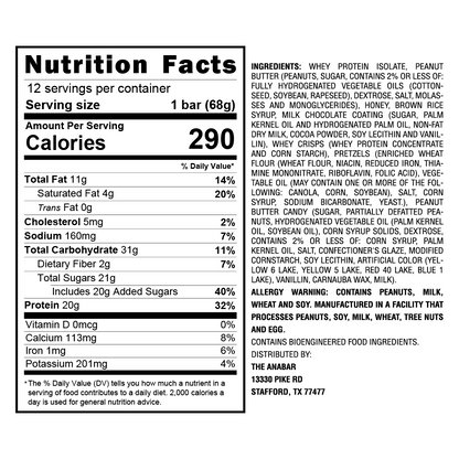 A black and white image of the nutrition facts label for The Anabar's Monster Cookie Crunch protein bar shows nutritional details, ingredients, and allergen warnings including peanuts, milk, and eggs. This milk chocolate treat is a protein-packed delight. Address: ABB in Stafford, TX.