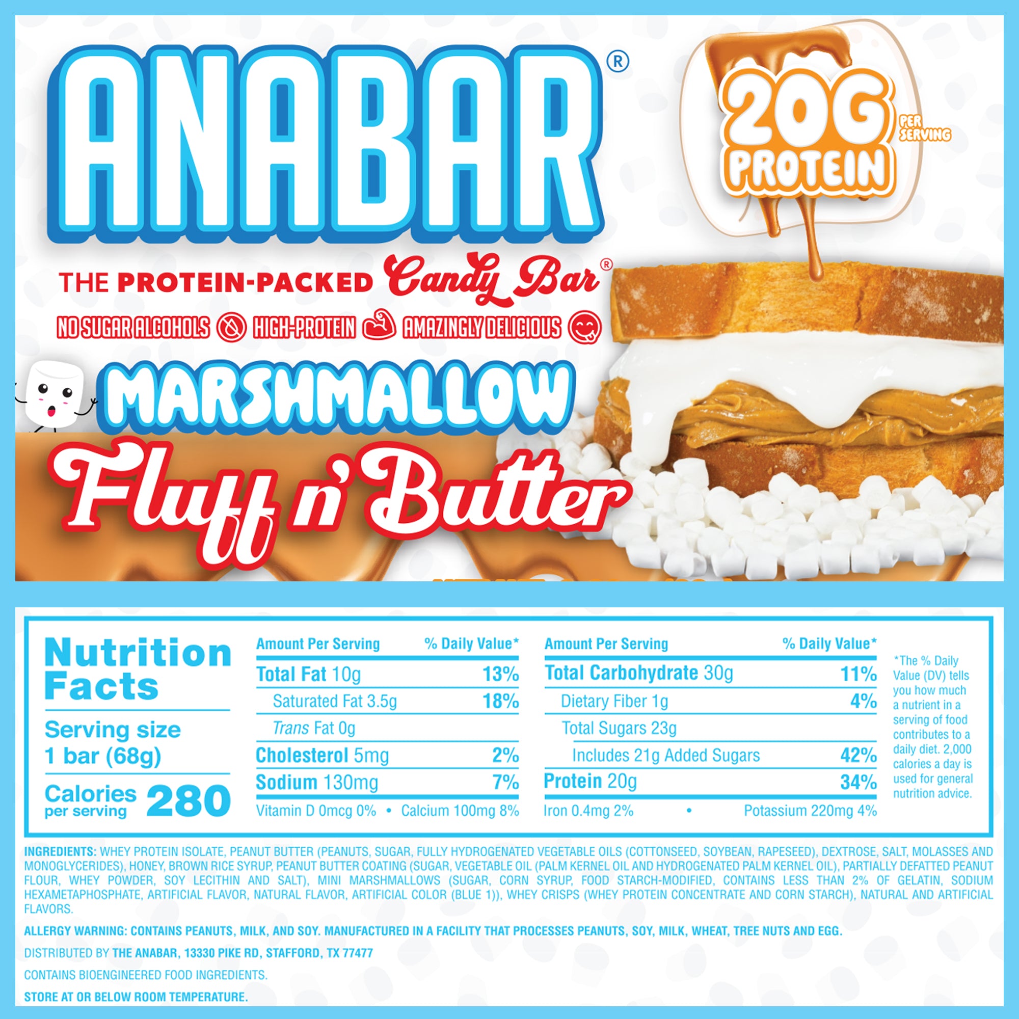 The Anabar's "Marshmallow Fluff n' Butter" protein bar has a playful blue and orange package with cloud and candy graphics, prominently displaying 20g of protein. It features marshmallow imagery, 280 calories, 12g fat, 12g sugars, and the rich taste of peanut butter.