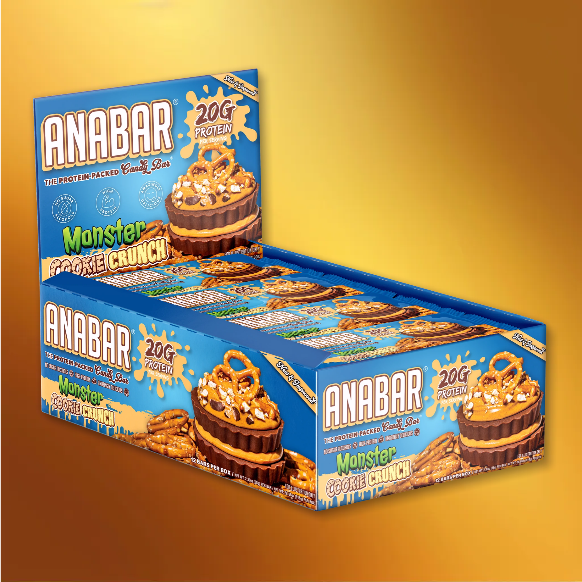 A display box of The Anabar's Monster Cookie Crunch protein bars highlights "20g protein" and features a milk chocolate-covered bar with pretzels against a golden-brown background, evoking peanut butter candy richness.