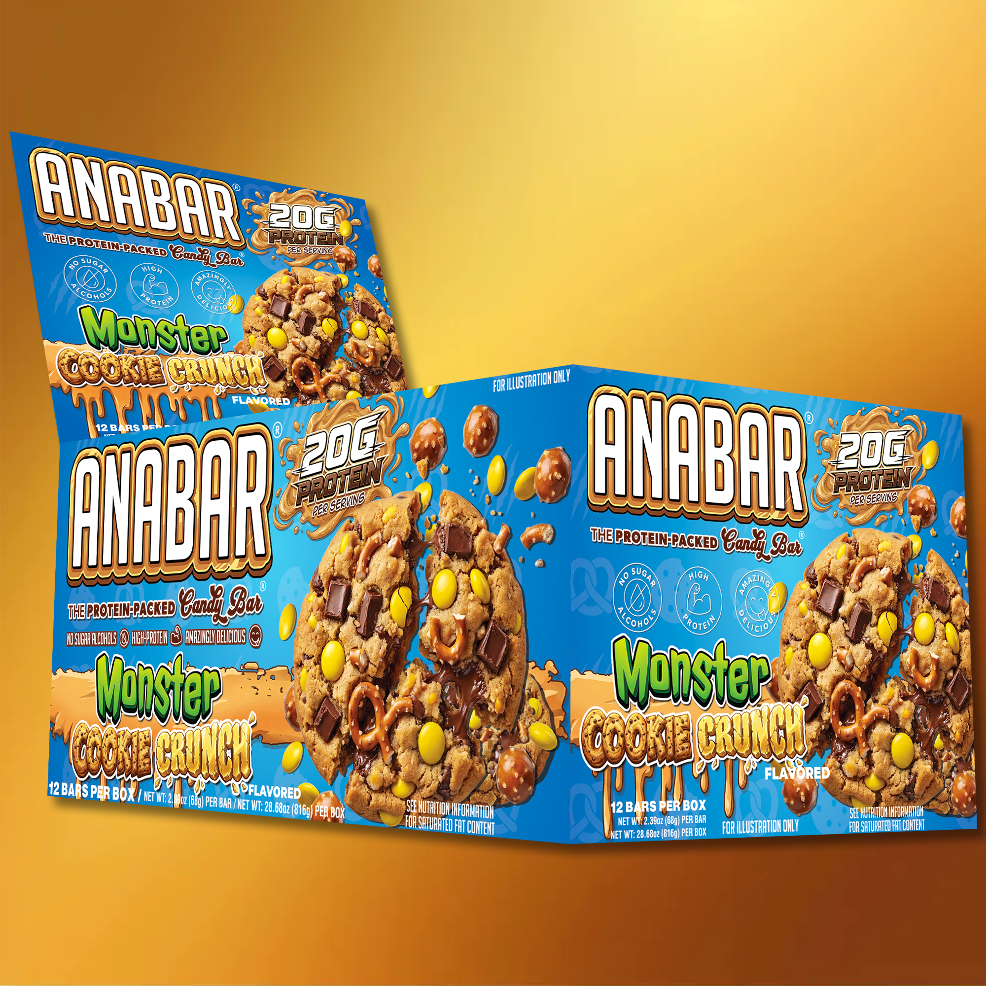 Boxes of The Anabar Monster Cookie Crunch protein bars are displayed on a gold gradient background. The blue packaging features milk chocolate bars filled with colorful candy-coated chocolates and crunchy cookie pieces.