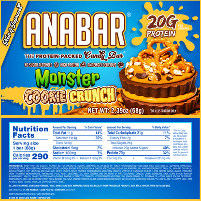 A photo of The Anabar's Monster Cookie Crunch packaging features rich Milk Chocolate accents, "20g Protein," "No Sugar Alcohols," and "High-Protein." A cookie and drizzle are displayed on a blue background, along with nutrition facts and ingredients.