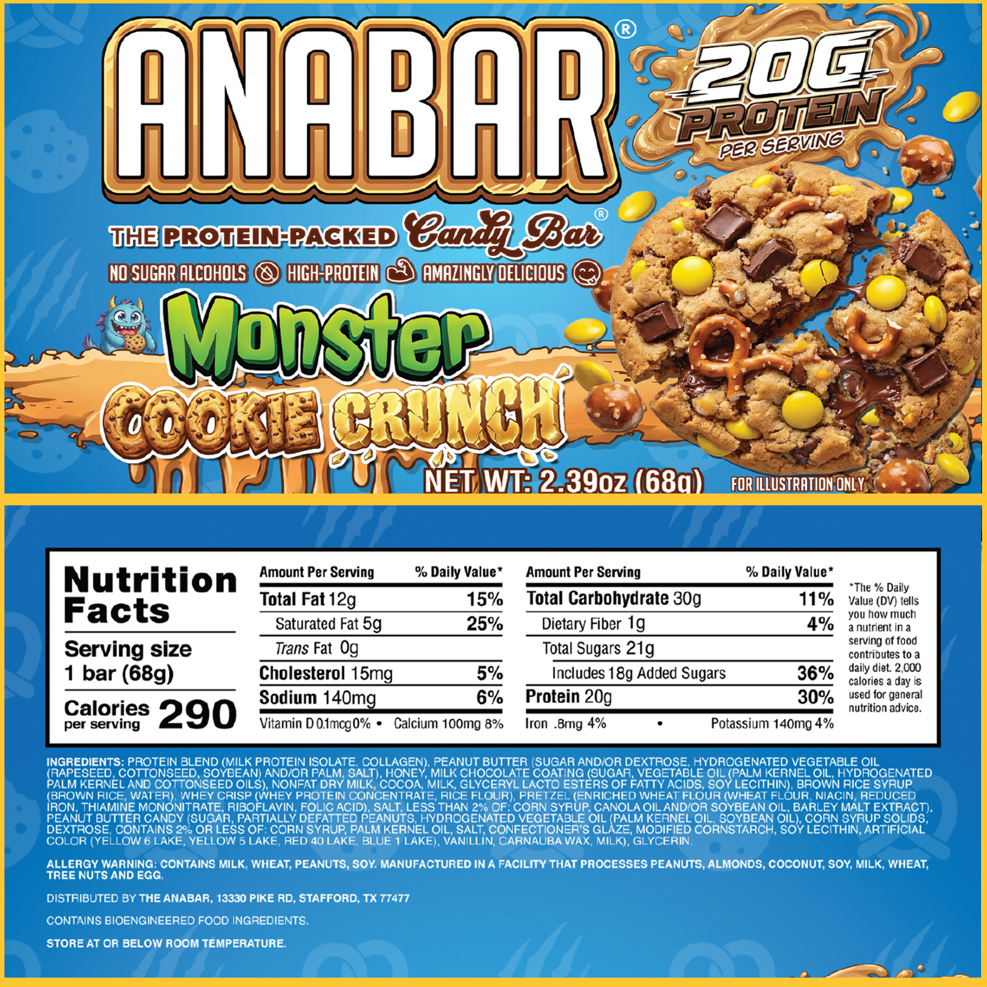 Colorful packaging for The Anabar Variety Pack - 12 Bars. The front showcases 20g protein, no sugar alcohols, and fun cartoon cookie pieces with candy. Nutrition facts and ingredients are displayed below.