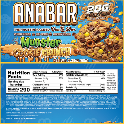Colorful packaging for The Anabar Variety Pack - 12 Bars. The front showcases 20g protein, no sugar alcohols, and fun cartoon cookie pieces with candy. Nutrition facts and ingredients are displayed below.