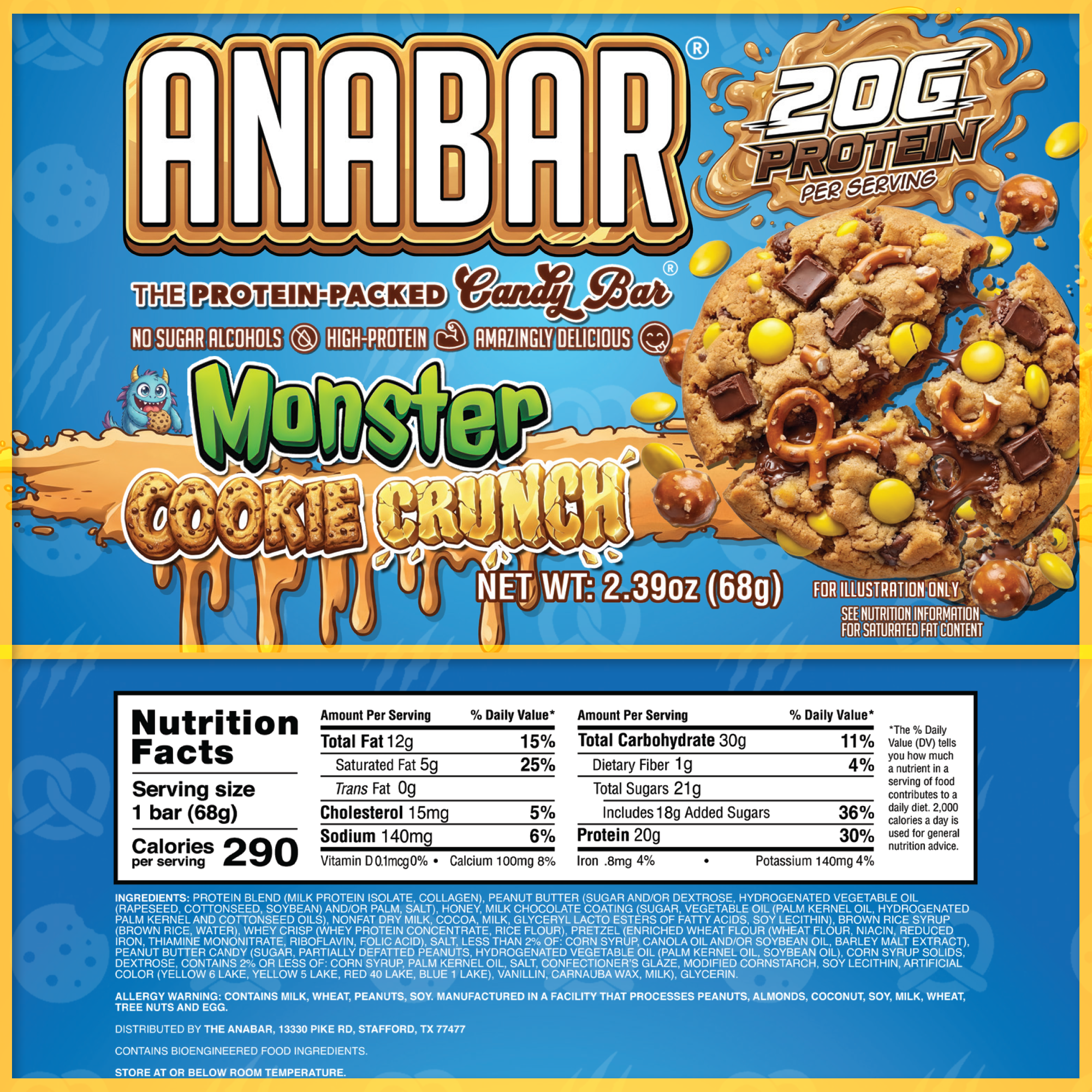 The Anabar Monster Cookie Crunch protein bar wrapper features a dynamic image of the bar with milk chocolate, candy pieces, and cookie chunks, “20g protein,” nutrition facts, and vibrant, colorful design elements.