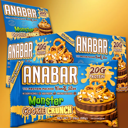 An image of The Anabar's Monster Cookie Crunch candy bar highlights 20g of protein. Its milk chocolate packaging features an illustrated bar with cookie pieces and drizzle on a vibrant yellow background, creating an inviting allure.