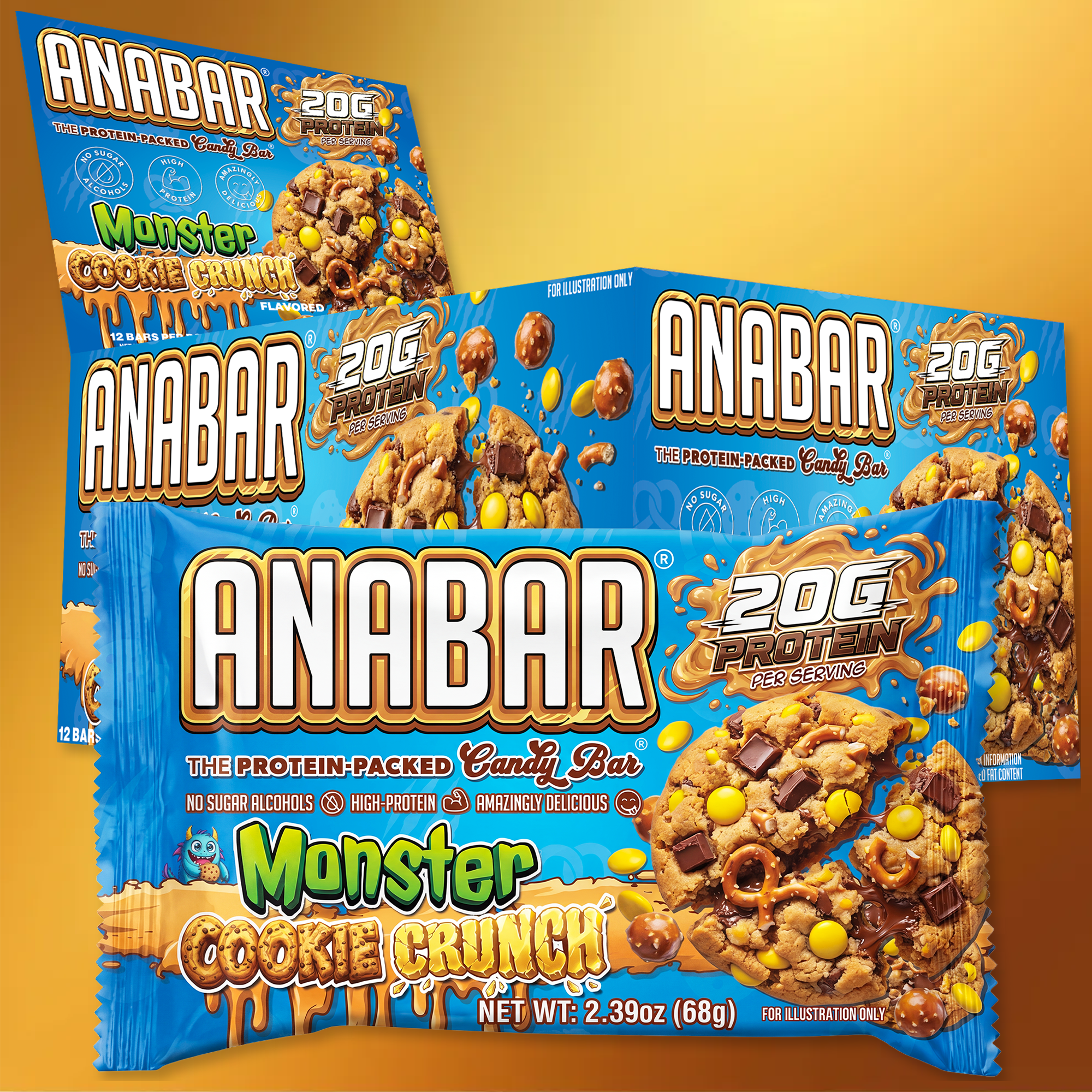 Three blue and yellow packages of The Anabar Monster Cookie Crunch protein bar display images of the chocolate bar with colorful candy pieces. Each bar contains 20g protein per serving and is set against a bold yellow background.