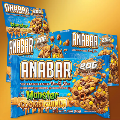 Three blue and yellow packages of The Anabar Monster Cookie Crunch protein bar display images of the chocolate bar with colorful candy pieces. Each bar contains 20g protein per serving and is set against a bold yellow background.