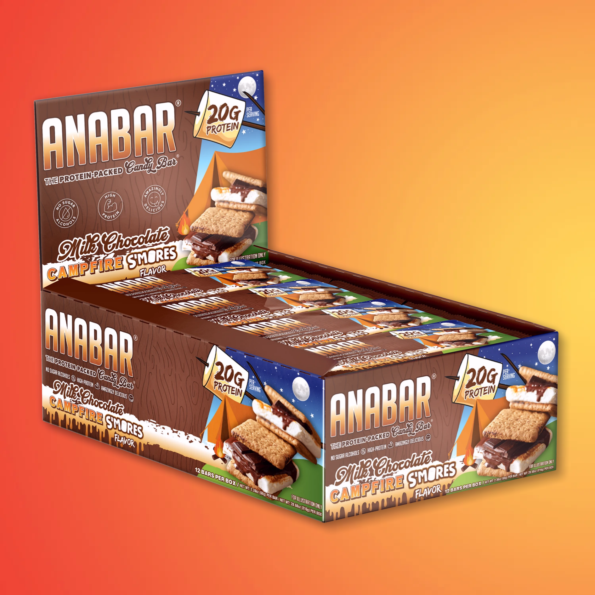 A display box of The Anabar's Campfire S'mores protein bars features a high-protein snack in a tempting milk chocolate flavor, showcasing s'mores images and "20g protein" on a gradient orange background.