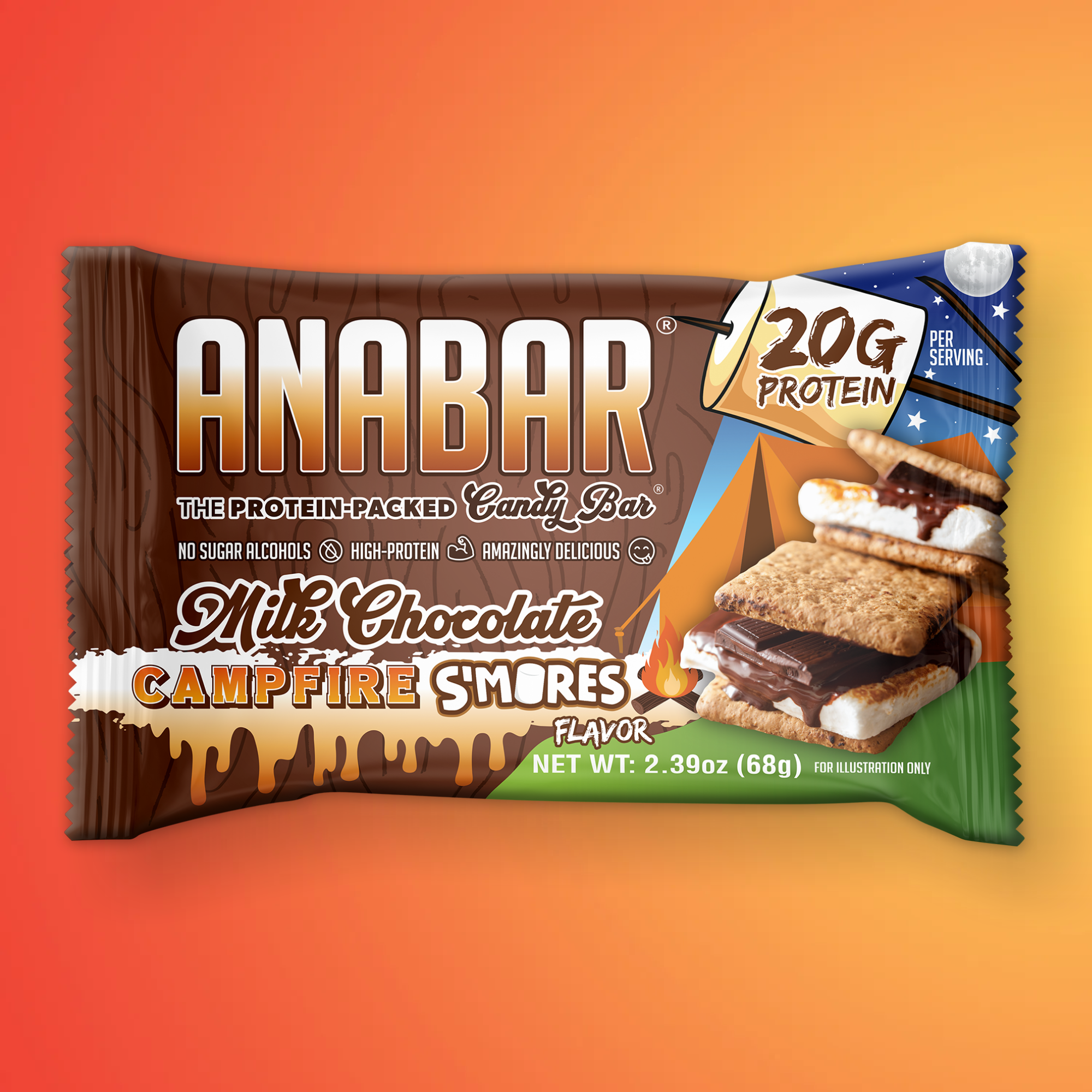 The Anabar Campfire S'mores protein candy bar is a high-protein snack with milk chocolate, graham crackers, and marshmallow. It contains 20g of protein and no sugar alcohols, and is set against a gradient orange-red backdrop.