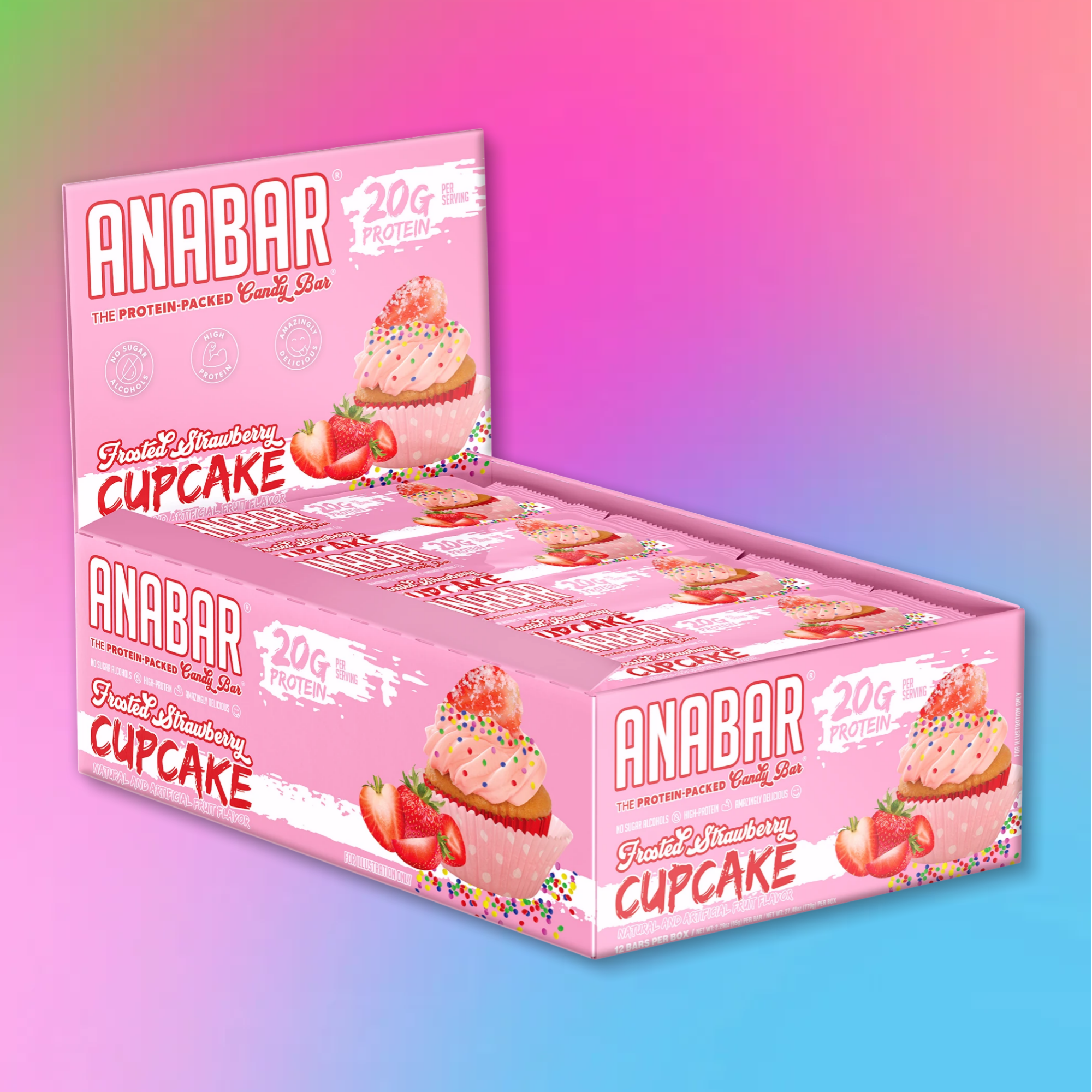 The Anabar's Frosted Strawberry Cupcake protein bars feature vibrant packaging with cupcakes and strawberries. Each bar offers 20g of protein, making it a deliciously indulgent choice, enhanced by a colorful gradient background.