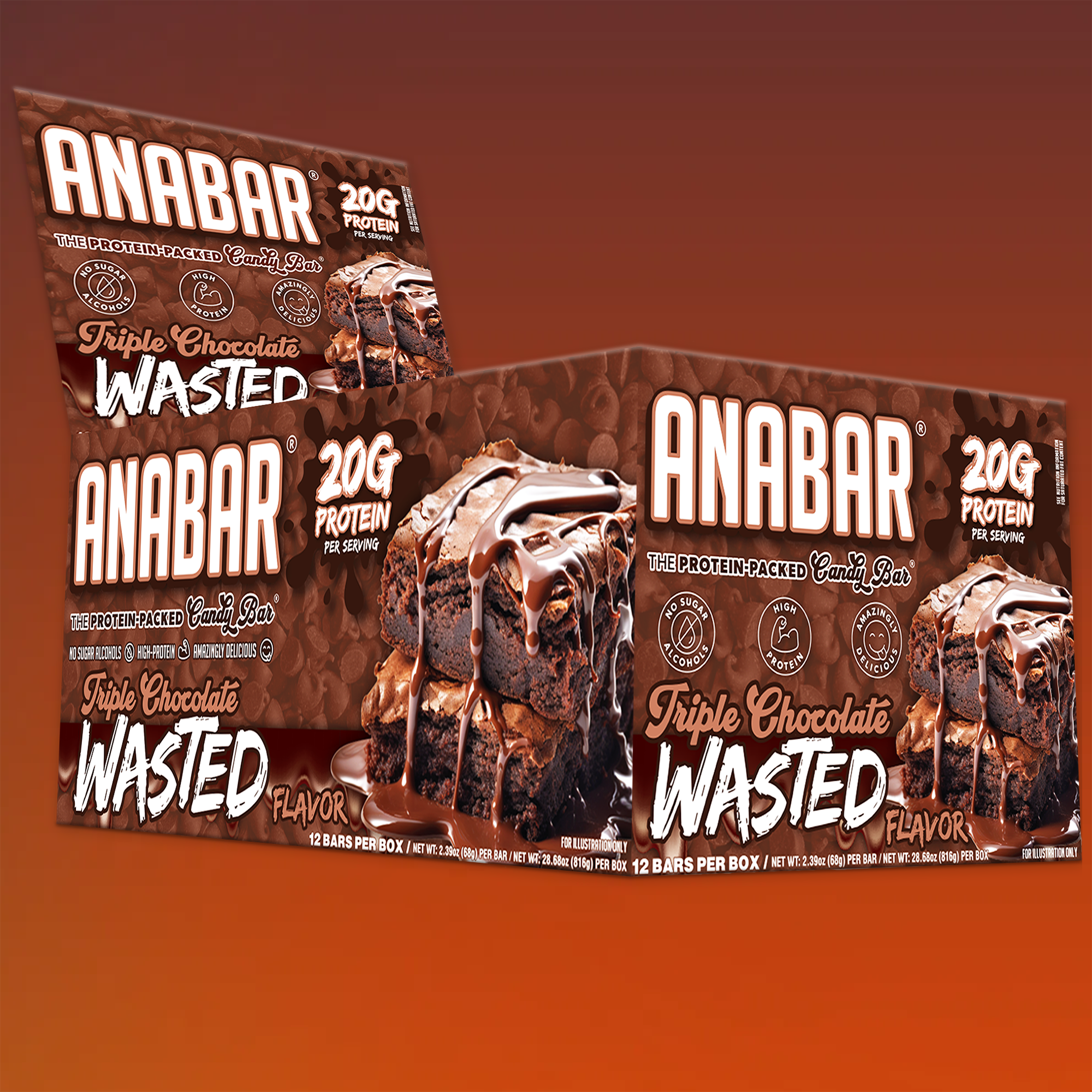 The Anabar's "Triple Chocolate Wasted" protein bars' packaging features chocolate-covered bars with a milk chocolate coating. Each box contains 12 tasty bars, each with 20g of protein and a candy bar taste.