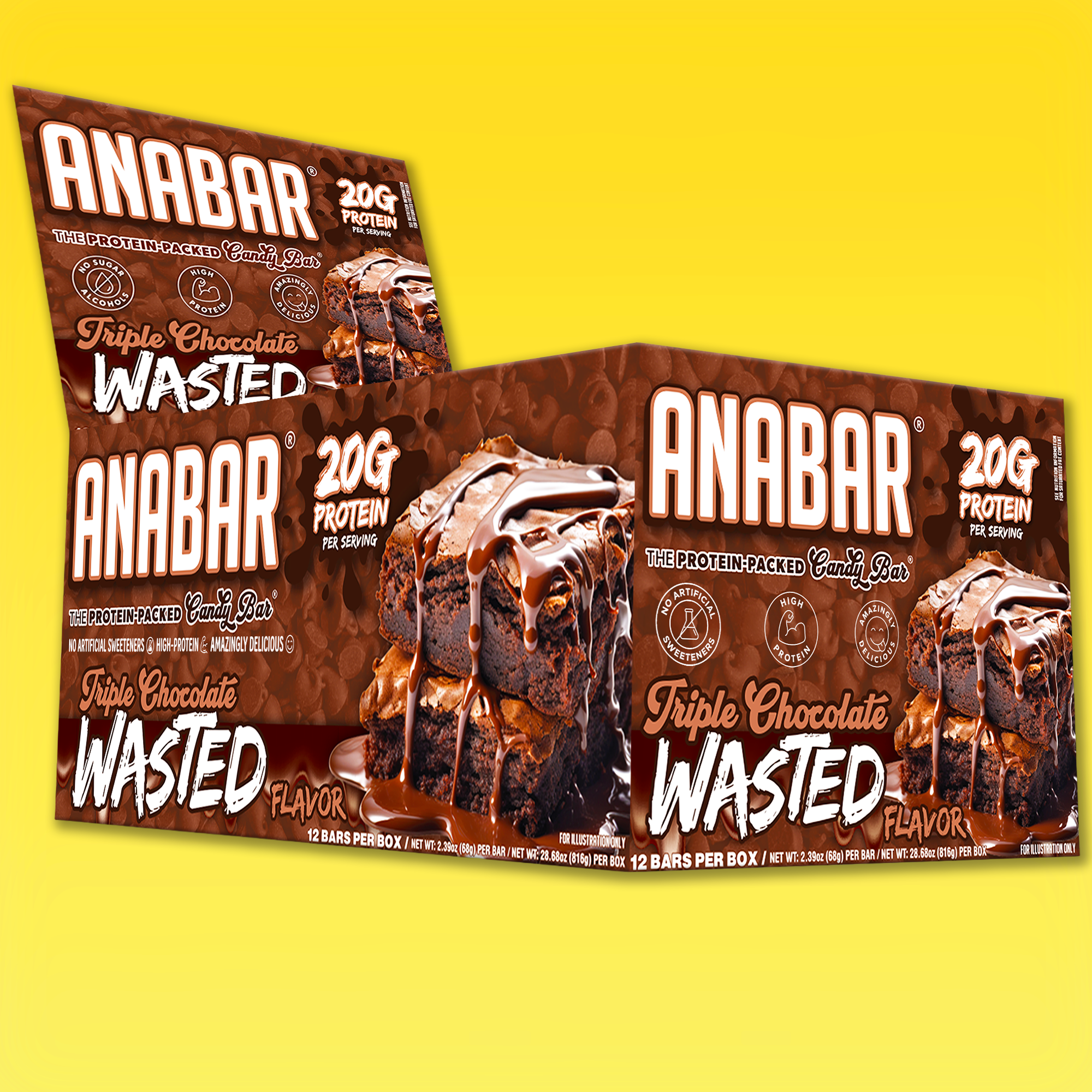 Two boxes of The Anabar Triple Chocolate Wasted protein bars are displayed on a yellow background. The packaging features images of rich chocolate bars and highlights that each bar contains 20g of protein, with 12 bars included per box.