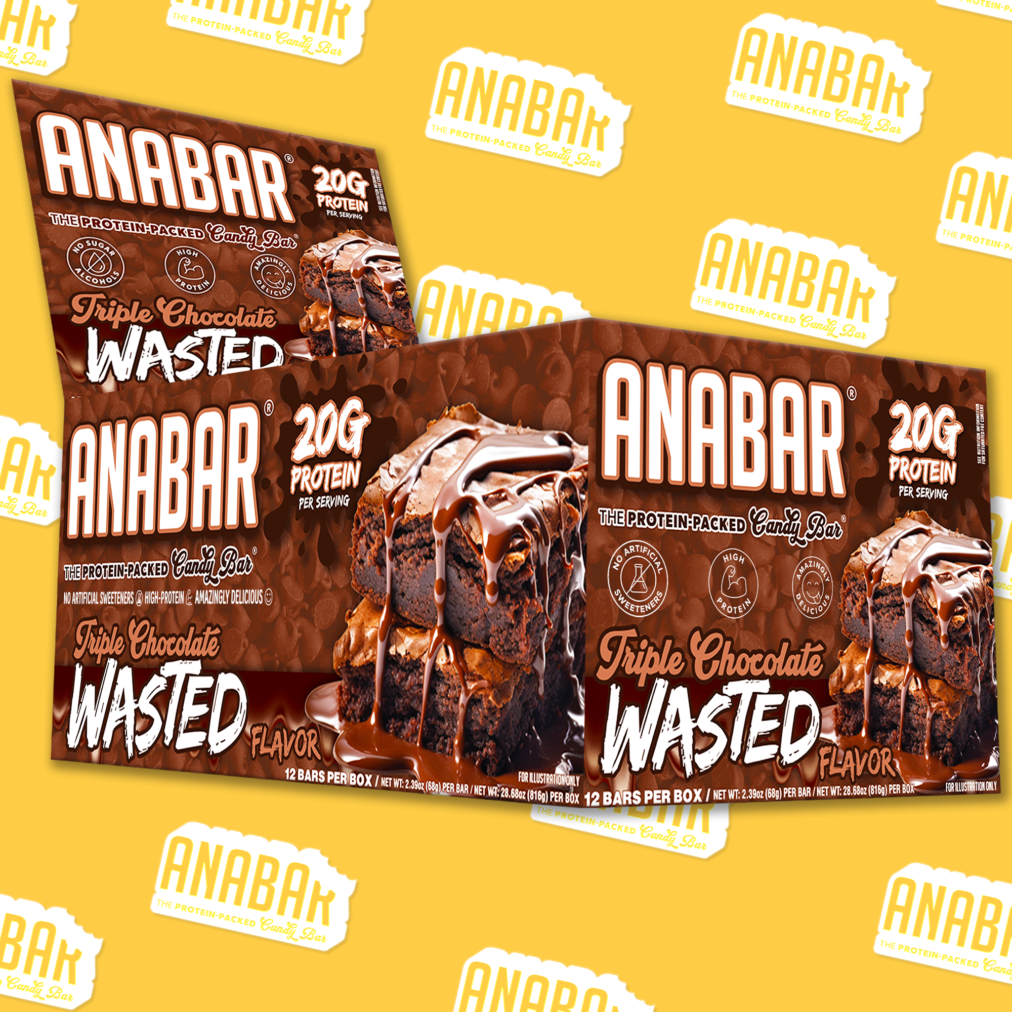 Boxes of The Anabar Triple Chocolate Wasted protein bars are displayed on a yellow background with repeating “ANABAR” logos. The packaging features rich chocolate imagery, highlights the indulgent milk chocolate coating, and prominently displays “20G Protein” in the top right corner—emphasizing these decadent chocolate protein bars.