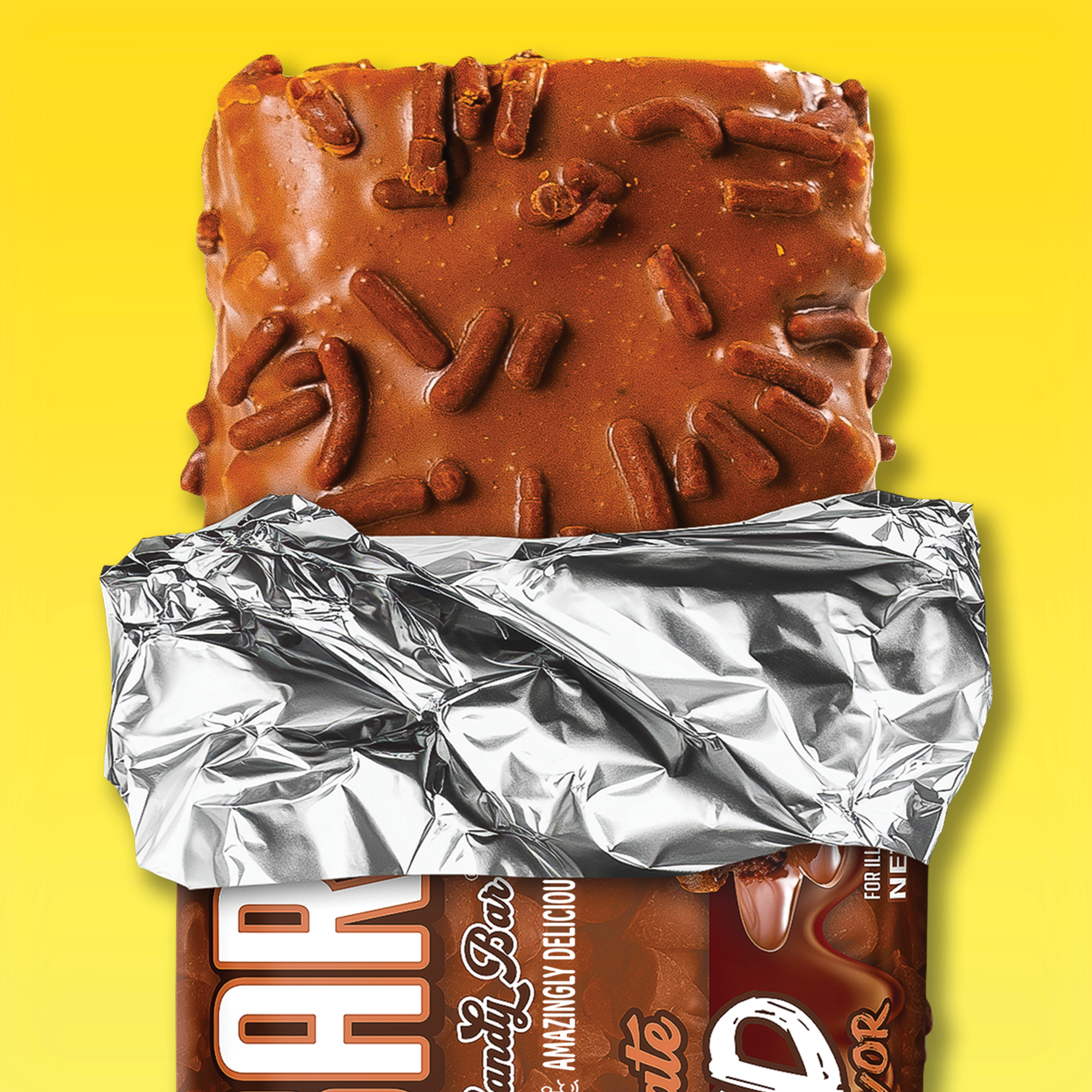 The Anabar’s Triple Chocolate Wasted protein bar, partially unwrapped from shiny silver foil, reveals its sprinkle-topped, chocolate-coated goodness against a vibrant yellow background.