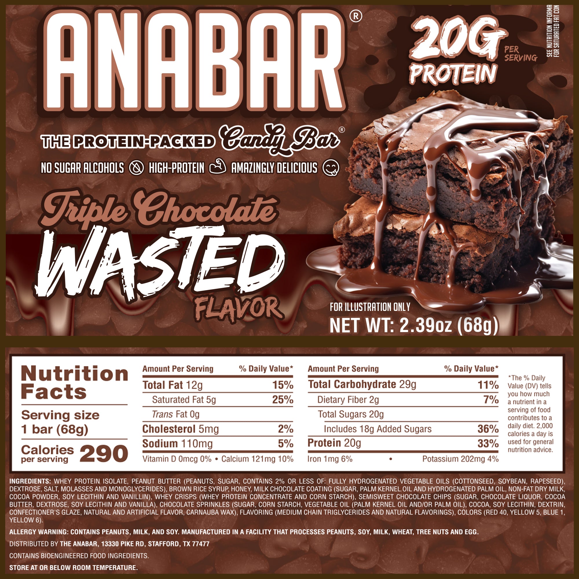 The Anabar's "Triple Chocolate Wasted" bar offers 20g protein per serving, contains no sugar alcohols, and is covered in milk chocolate. The packaging highlights nutritional info and features images of chocolate pieces with gooey chocolate chips drizzled in rich melted chocolate.