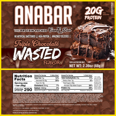 The Anabar Triple Chocolate Wasted protein bar packaging features a decadent chocolate brownie image and a rich milk chocolate coating, highlighting the bold Triple Chocolate Wasted name, 20g of protein per serving, and a nutrition facts panel at the bottom. This irresistible chocolate protein bar from The Anabar is perfect for satisfying your cravings while giving you the fuel you need for the day.
