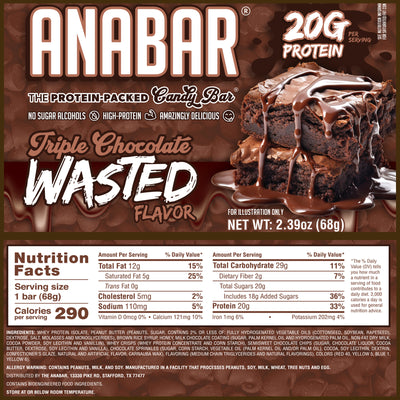A wrapper from The Anabar Triple Chocolate Wasted bar shows a rich, layered chocolate bar, nutrition facts, and 20g protein with 290 calories—ideal for the Anabar Variety Pack - 12 Bars.