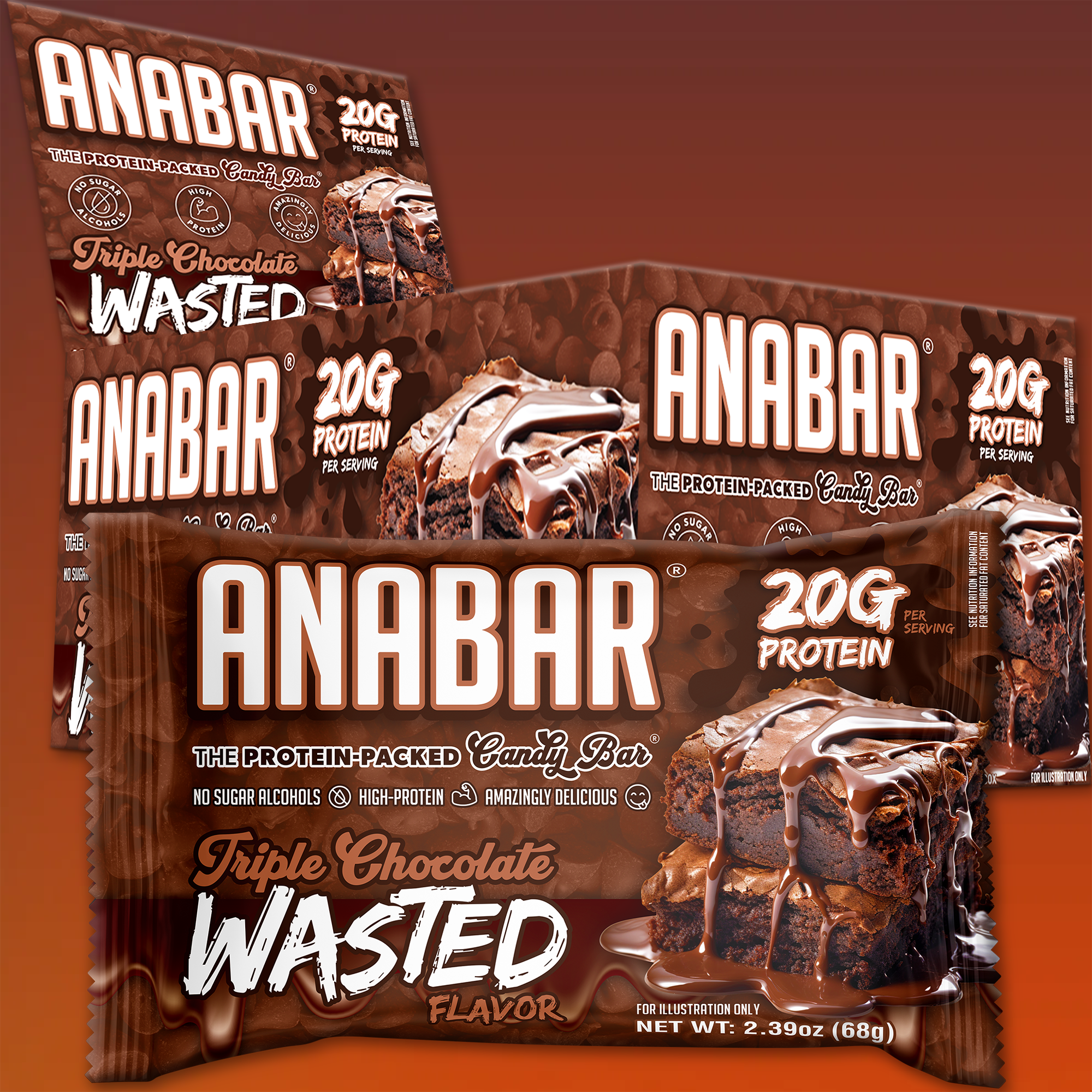 The image features the Anabar Sample Box from The Anabar, highlighting its "Triple Chocolate Wasted" flavor. Each chocolate-coated bar offers 20g of protein. The packaging is decorated with rich chocolate graphics and promotes its high protein content.
.