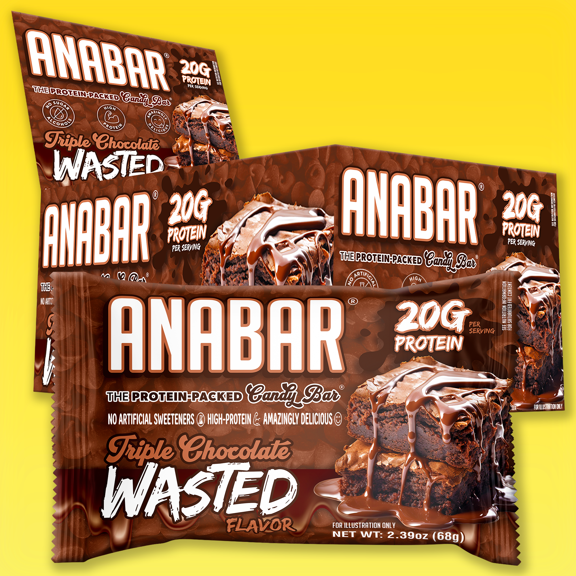 The Anabar Triple Chocolate Wasted milk chocolate protein bar, featuring brown packaging and displayed against a yellow background, is shown in both individual bars and multipacks with chocolate imagery and a highlight of 20g protein.