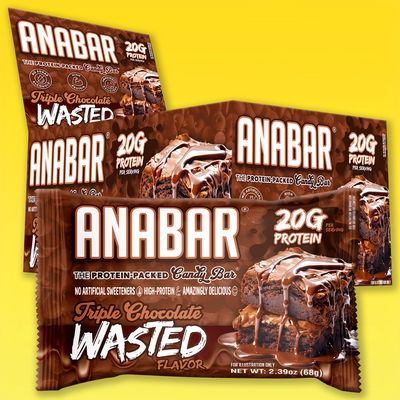 The Anabar Triple Chocolate Wasted milk chocolate protein bar, featuring brown packaging and displayed against a yellow background, is shown in both individual bars and multipacks with chocolate imagery and a highlight of 20g protein.