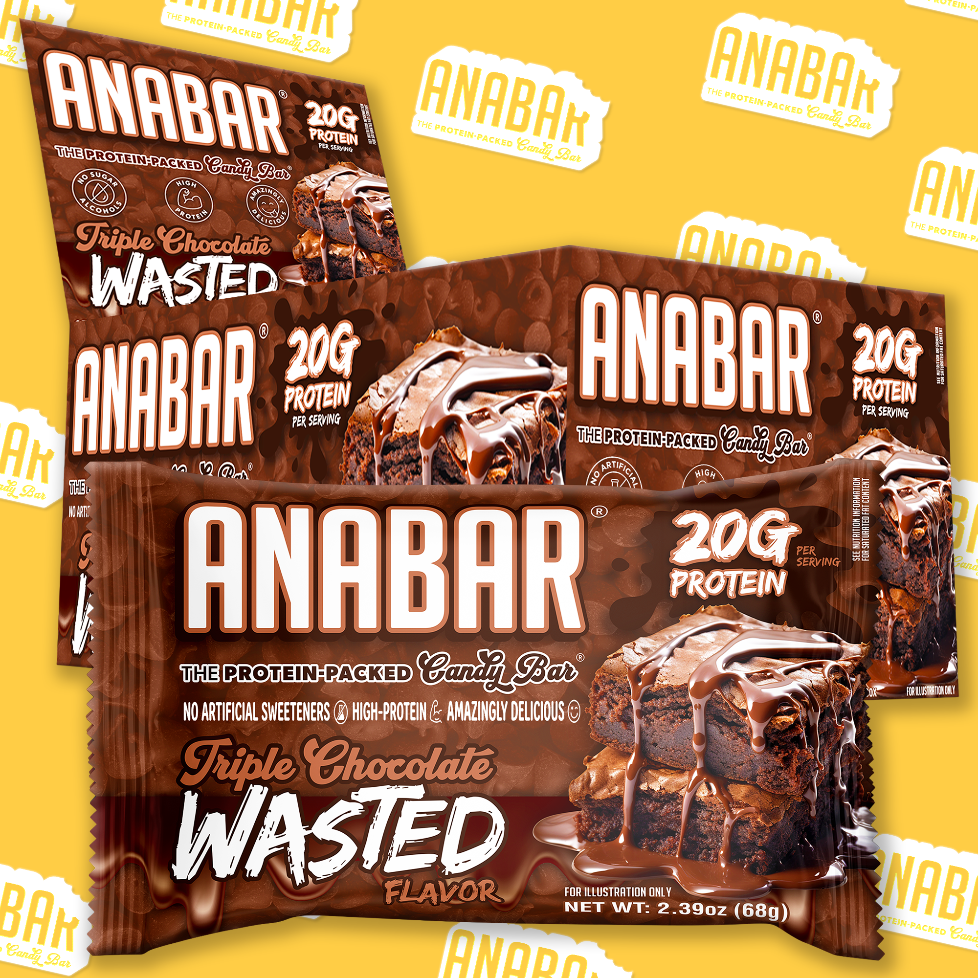 Four The Anabar Triple Chocolate Wasted protein bars are stacked, featuring a luscious milk chocolate coating and decadent chocolate drizzle atop a dessert. The packaging emphasizes 20g of protein and no artificial sweeteners. Repeated yellow-background The Anabar logos highlight the irresistible appeal of this chocolate-packed protein bar.