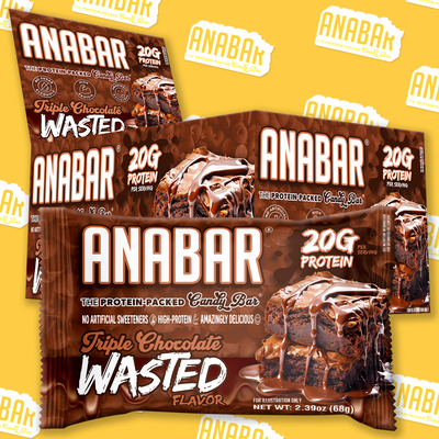 Four The Anabar Triple Chocolate Wasted protein bars are stacked, featuring a luscious milk chocolate coating and decadent chocolate drizzle atop a dessert. The packaging emphasizes 20g of protein and no artificial sweeteners. Repeated yellow-background The Anabar logos highlight the irresistible appeal of this chocolate-packed protein bar.