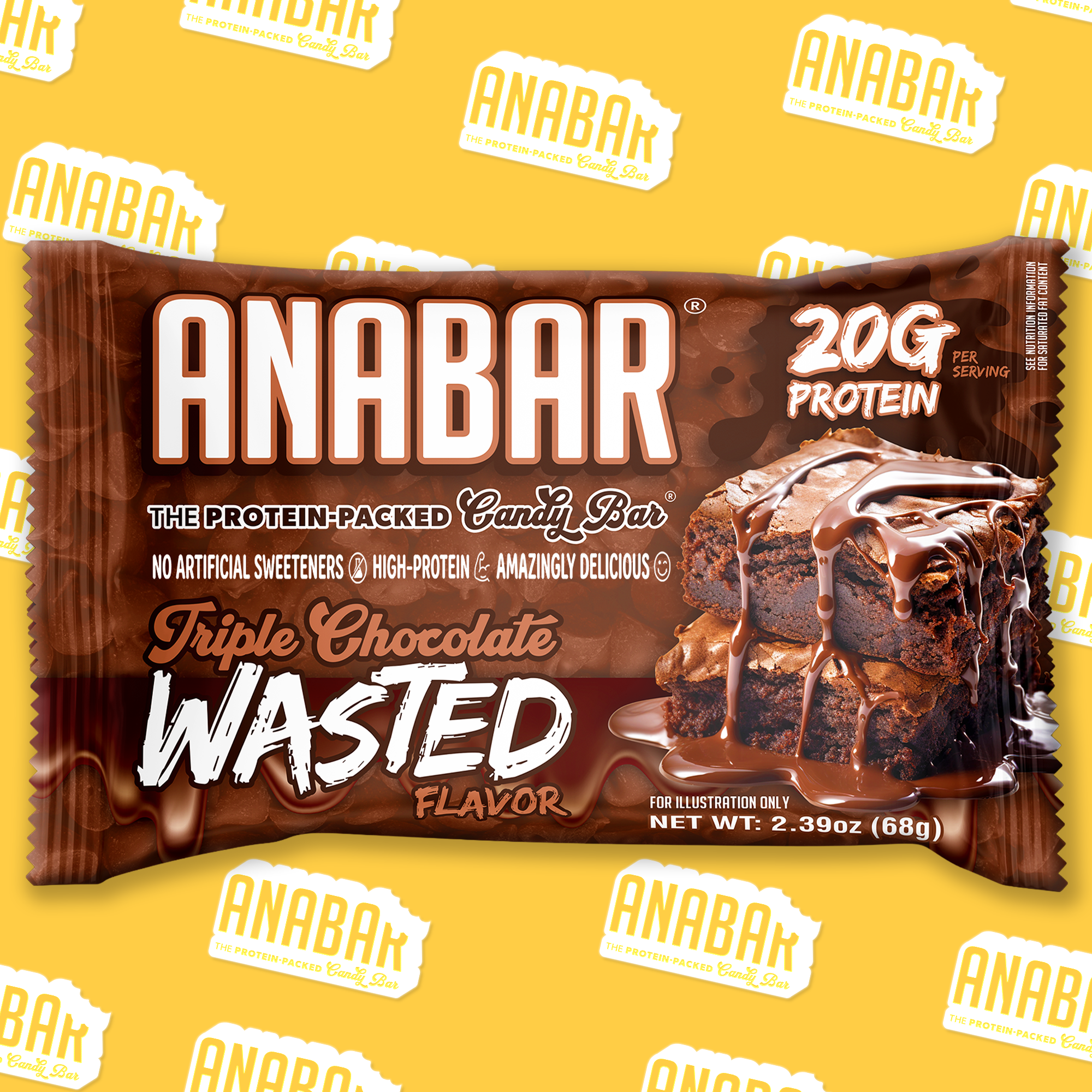 The Anabar Triple Chocolate Wasted protein bar comes in brown packaging, showcases a rich milk chocolate coating, and emphasizes 20g of protein per serving. The design features a cake image alongside bold text set against a yellow background with repeating The Anabar logos.