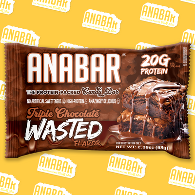 The Anabar Triple Chocolate Wasted protein bar comes in brown packaging, showcases a rich milk chocolate coating, and emphasizes 20g of protein per serving. The design features a cake image alongside bold text set against a yellow background with repeating The Anabar logos.