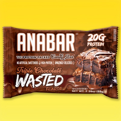 The Anabar’s “Triple Chocolate Wasted” protein bar is a decadent chocolate treat delivering 20g of protein per serving. Its wrapper features indulgent chocolate brownies drizzled with chocolate and emphasizes its high-protein content with no artificial sweeteners.