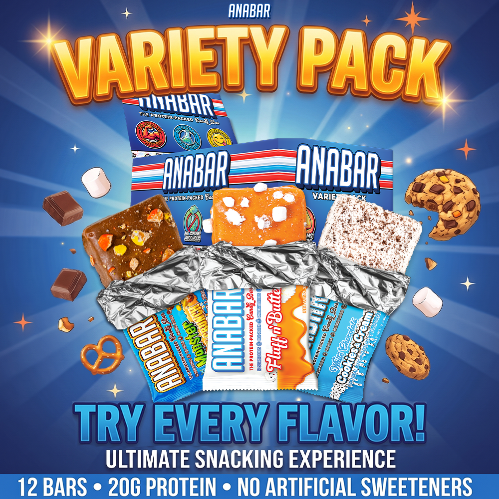 Three unwrapped The Anabar protein bars, featuring visible chunks of chocolate, cookies, and pretzels, are displayed above four vibrant wrappers. Text highlights the delicious Anabar Variety Pack—The Anabar’s variety box containing 12 bars, each with 20g of protein and no artificial sweeteners.