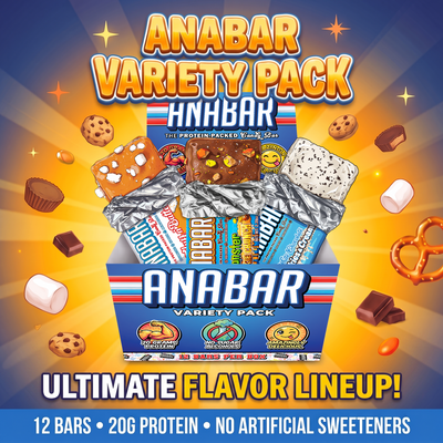 Surrounded by candies and cookies, The Anabar Variety Pack – 12 Bars showcases an irresistible assortment of protein bars in mouthwatering flavors. With 20g protein per bar, no artificial sweeteners, and the "Ultimate Flavor Lineup" highlighted on the box, experience crave-worthy taste and serious nutrition in every bite of this delicious Anabar protein bar 12-pack.