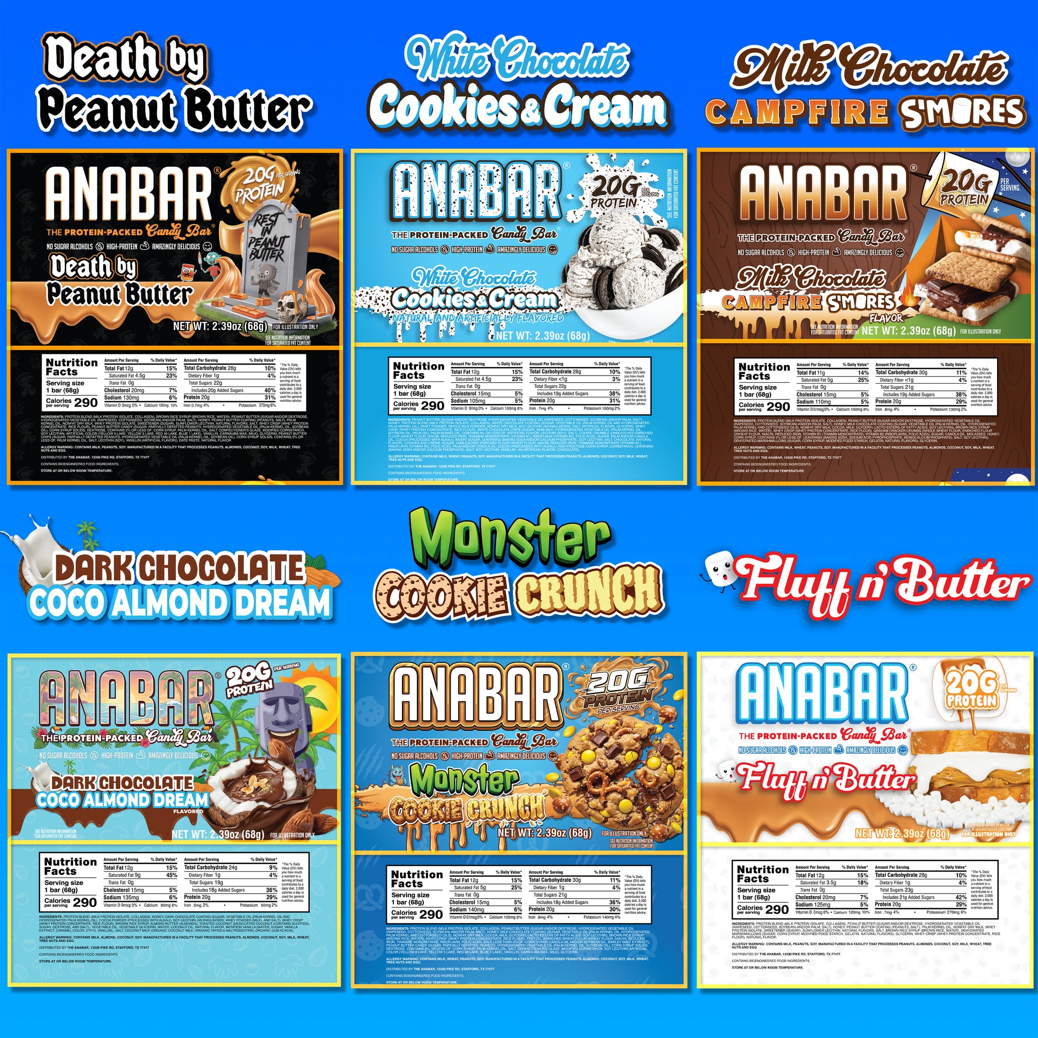 A grid of six colorful The Anabar flavors, with bar and ingredient images—including limited-time options—lets you sample your favorites in the Anabar Variety Pack - 12 Bars.