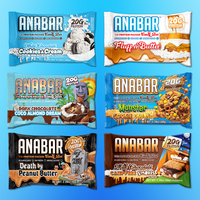 Six colorful Anabar protein bar wrappers highlight flavors from The Anabar Variety Pack - 12 Bars: White Chocolate Cookies & Cream, Fluff 'n' Butter, Dark Chocolate Coco Almond Dream, Monster Cookie Crunch, Death by Peanut Butter, and Campfire S’mores.