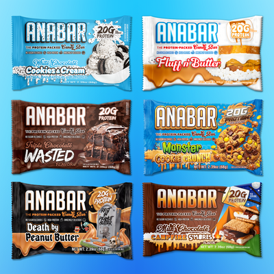 Six The Anabar protein bar packages are arranged in two rows on a blue gradient background, highlighting the Anabar Variety Pack - 12 Bars and featuring flavors like White Chocolate Cookies & Cream and Milk Chocolate Campfire S’mores.