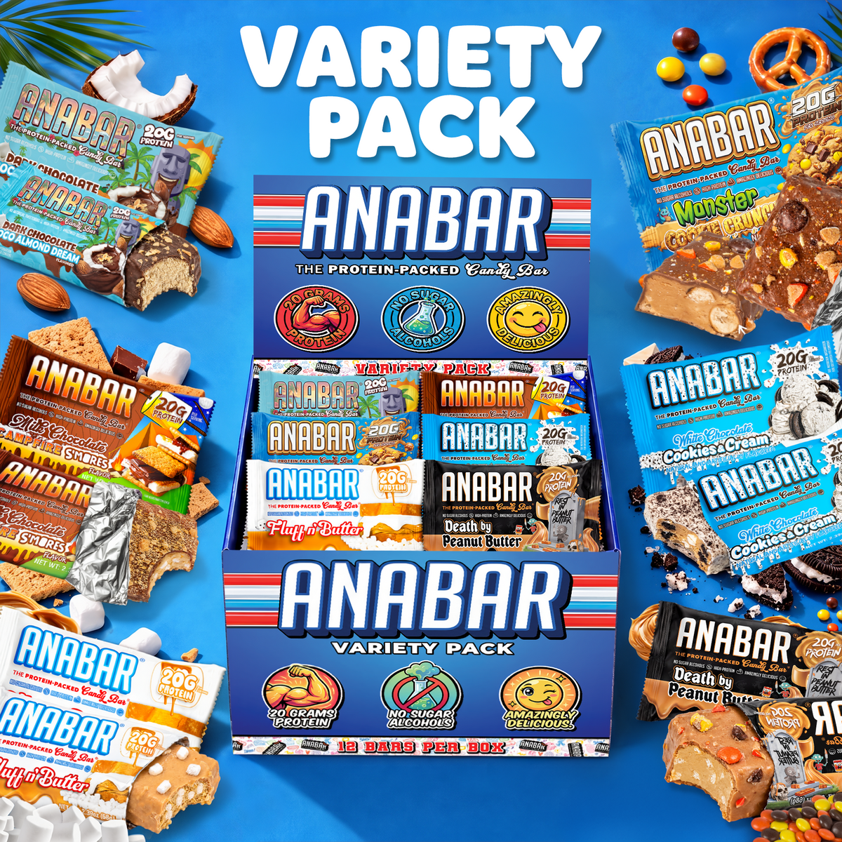 An open Anabar Variety Pack - 12 Bars containing twelve assorted protein bars, surrounded by individual candy-bar-style bars and ingredients like coconut, almonds, pretzels, and marshmallows.