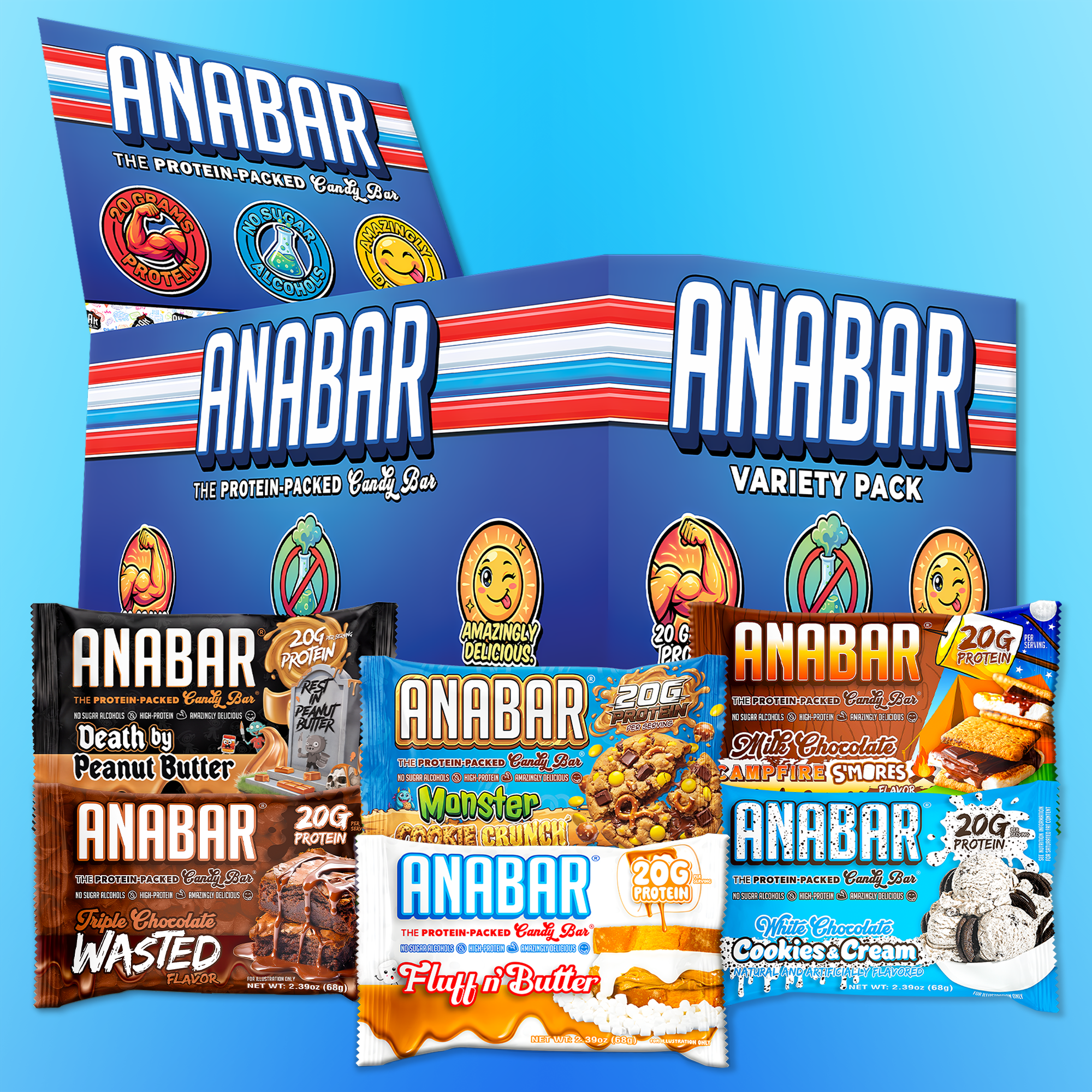 Anabar Variety Pack - 12 Bars by The Anabar showcased in wrappers before two "Variety Pack" boxes on a blue gradient background. Includes delicious flavors like Death by Peanut Butter, Monster Cookie Crunch, and more.