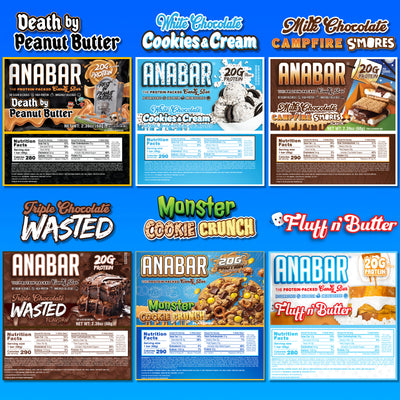 A grid displays images and nutrition info for The Anabar’s Variety Pack - 12 Bars, featuring six flavors: Death by Peanut Butter, White Chocolate Cookies & Cream, Milk Chocolate Campfire S'mores, Triple Chocolate Wasted, Monster Cookie Crunch, and Fluff n’ Butter.