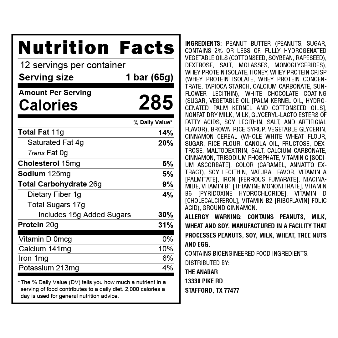 Nutrition label for The Anabar's Cinnamon Swirl Crunch high-protein snack, with details on serving size, calories, fats, cholesterol, sodium, carbs, fiber, sugars, protein, vitamins, and minerals. Includes ingredients and allergy warnings for peanuts, milk, tree nuts, egg, and soy.