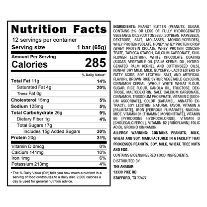 Nutrition label for The Anabar's Cinnamon Swirl Crunch high-protein snack, with details on serving size, calories, fats, cholesterol, sodium, carbs, fiber, sugars, protein, vitamins, and minerals. Includes ingredients and allergy warnings for peanuts, milk, tree nuts, egg, and soy.