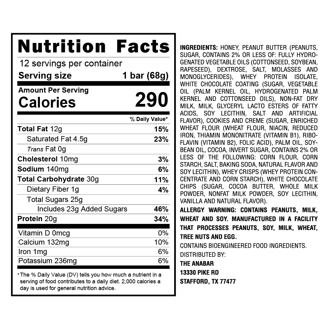 The Anabar's White Chocolate Cookies & Creme nutrition label shows 290 calories per serving. Made with sugar, peanuts, and cocoa butter, it has allergy warnings for milk, peanuts, and soy.