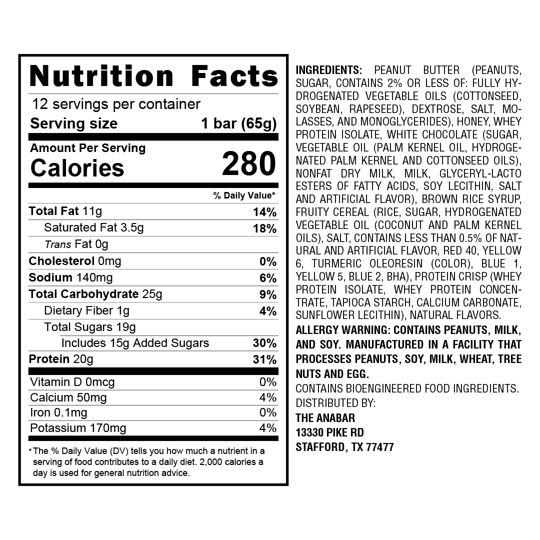 Fruity Cereal Crunch by The Anabar: Nutrition label shows serving size, calories, and daily values for fats, cholesterol, sodium, carbs, and protein. Ingredients include peanuts, honey, palm oil, additives; allergens noted. Low carb option available.