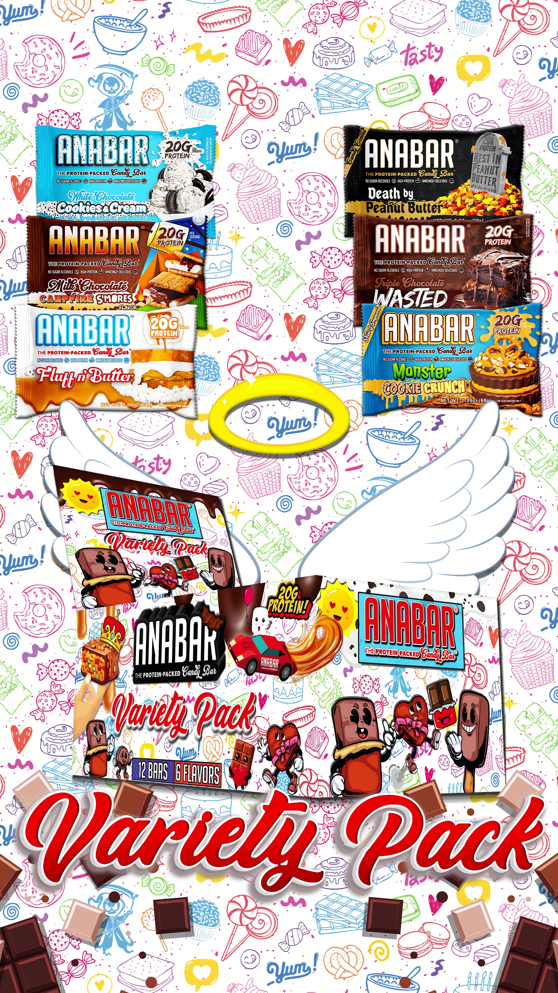 Load video: The video shows a Variety Pack that contains 6 different Anabars. A Chocolate character is popping up from behind a colorful box &amp; there are chocolate pieces floating.