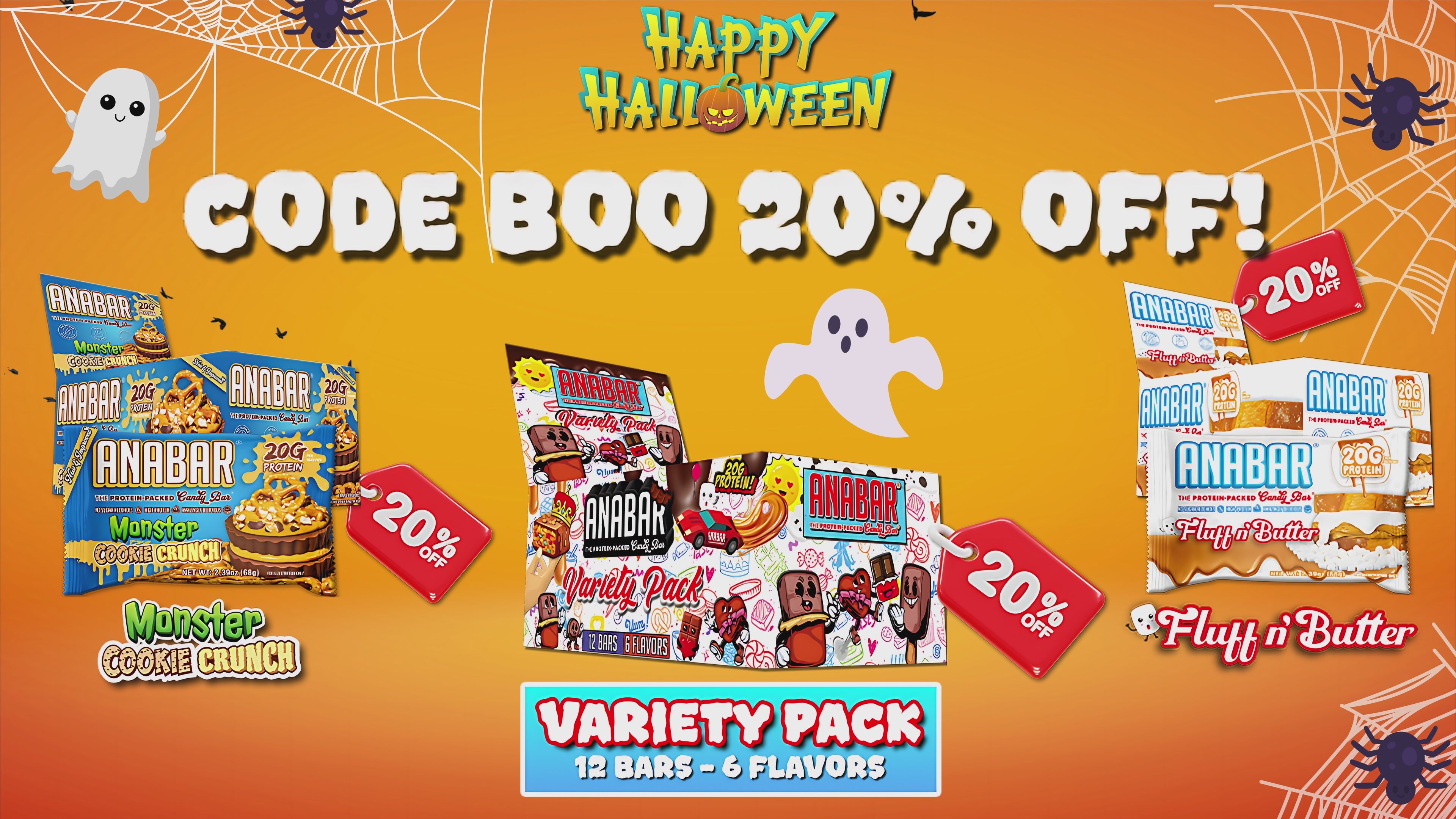 Load video: The video shows a Variety Pack that contains 6 different Anabars. A Chocolate character is popping up from behind a colorful box &amp; there are chocolate pieces floating.