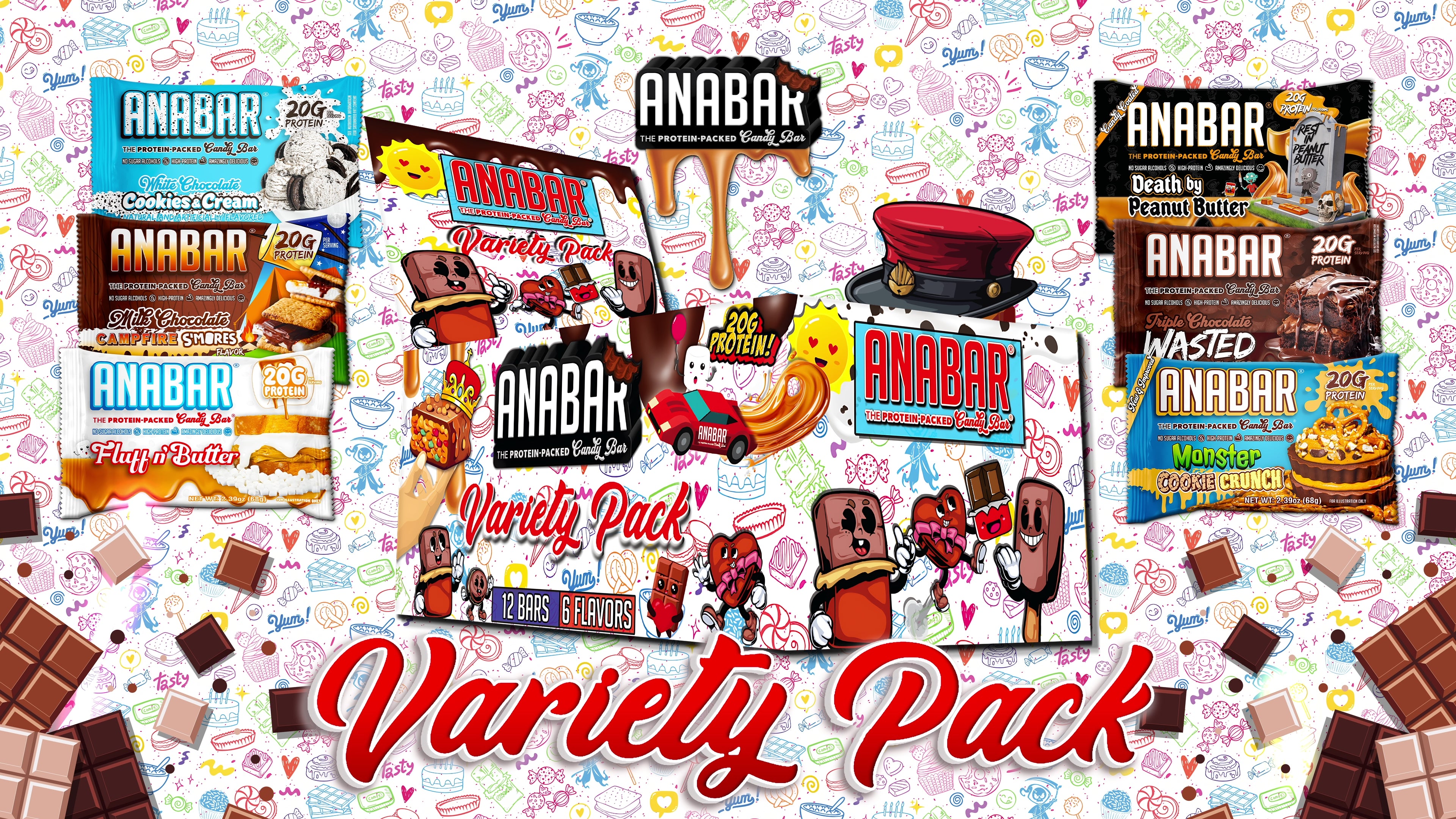 Load video: The video shows a Variety Pack that contains 6 different Anabars. A Chocolate character is popping up from behind a colorful box &amp; there are chocolate pieces floating.