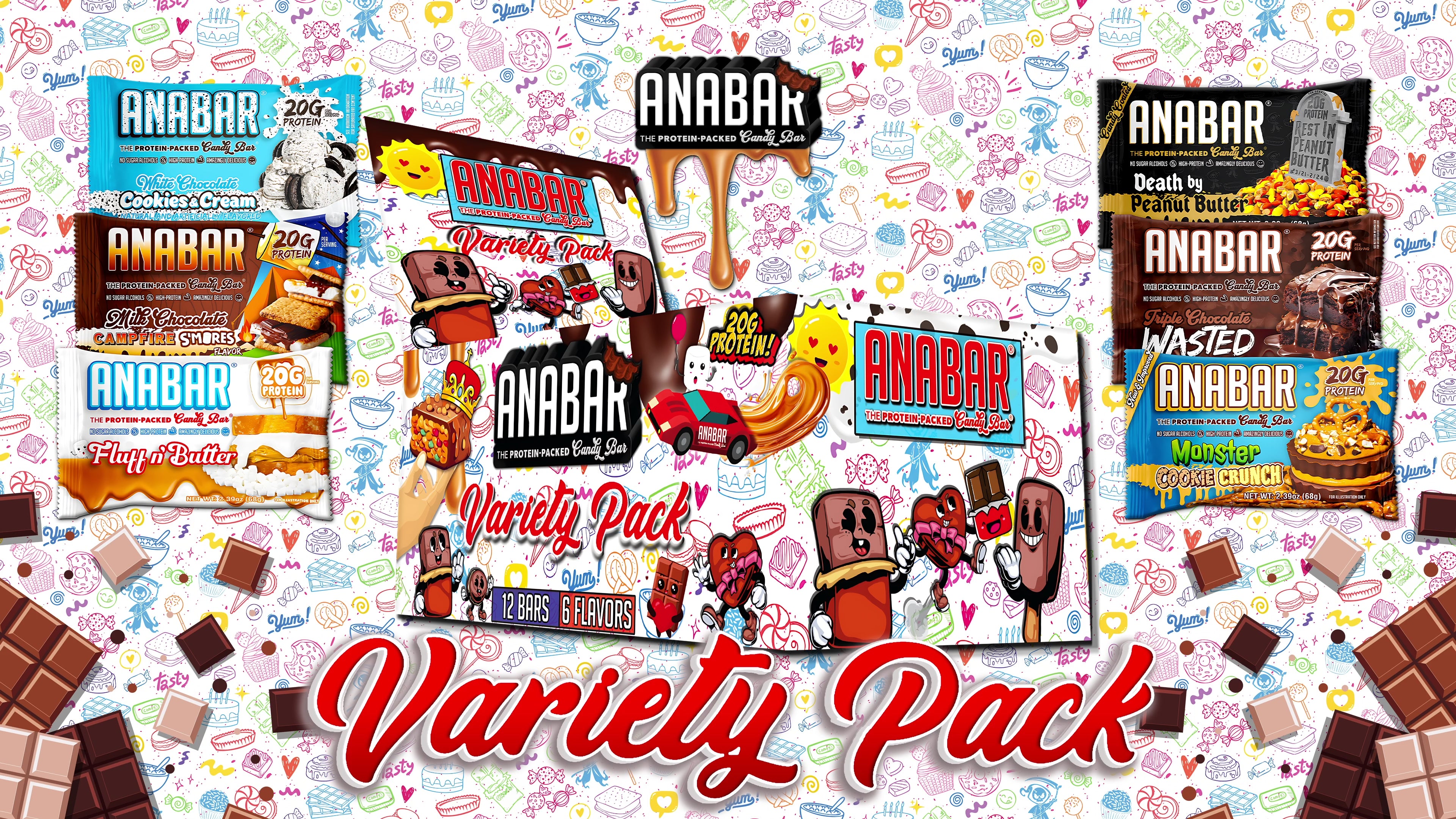Load video: The video shows a Variety Pack that contains 6 different Anabars. A Chocolate character is popping up from behind a colorful box &amp; there are chocolate pieces floating.