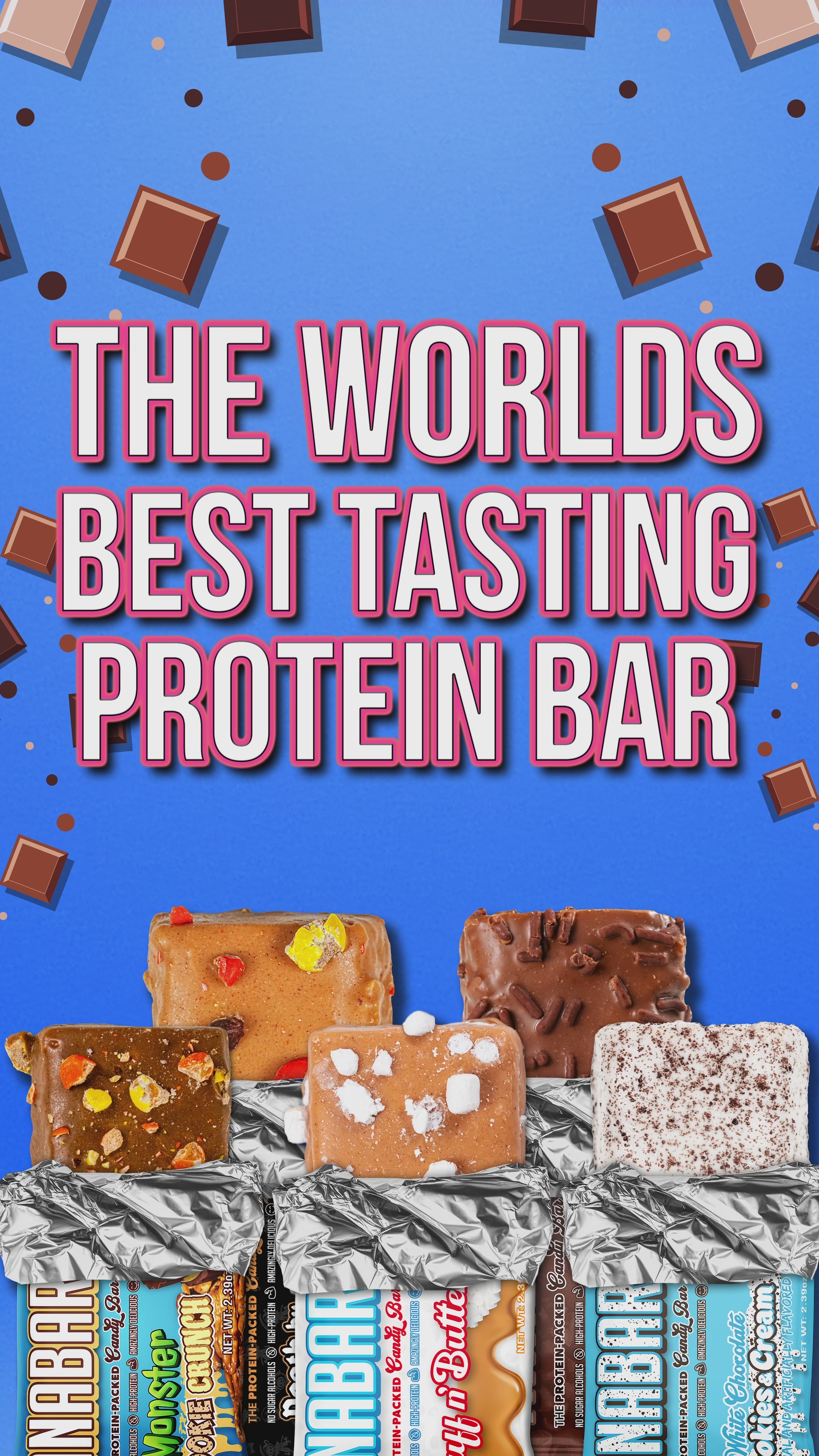 Load video: The video shows a Variety Pack that contains 6 different Anabars. A Chocolate character is popping up from behind a colorful box &amp; there are chocolate pieces floating.