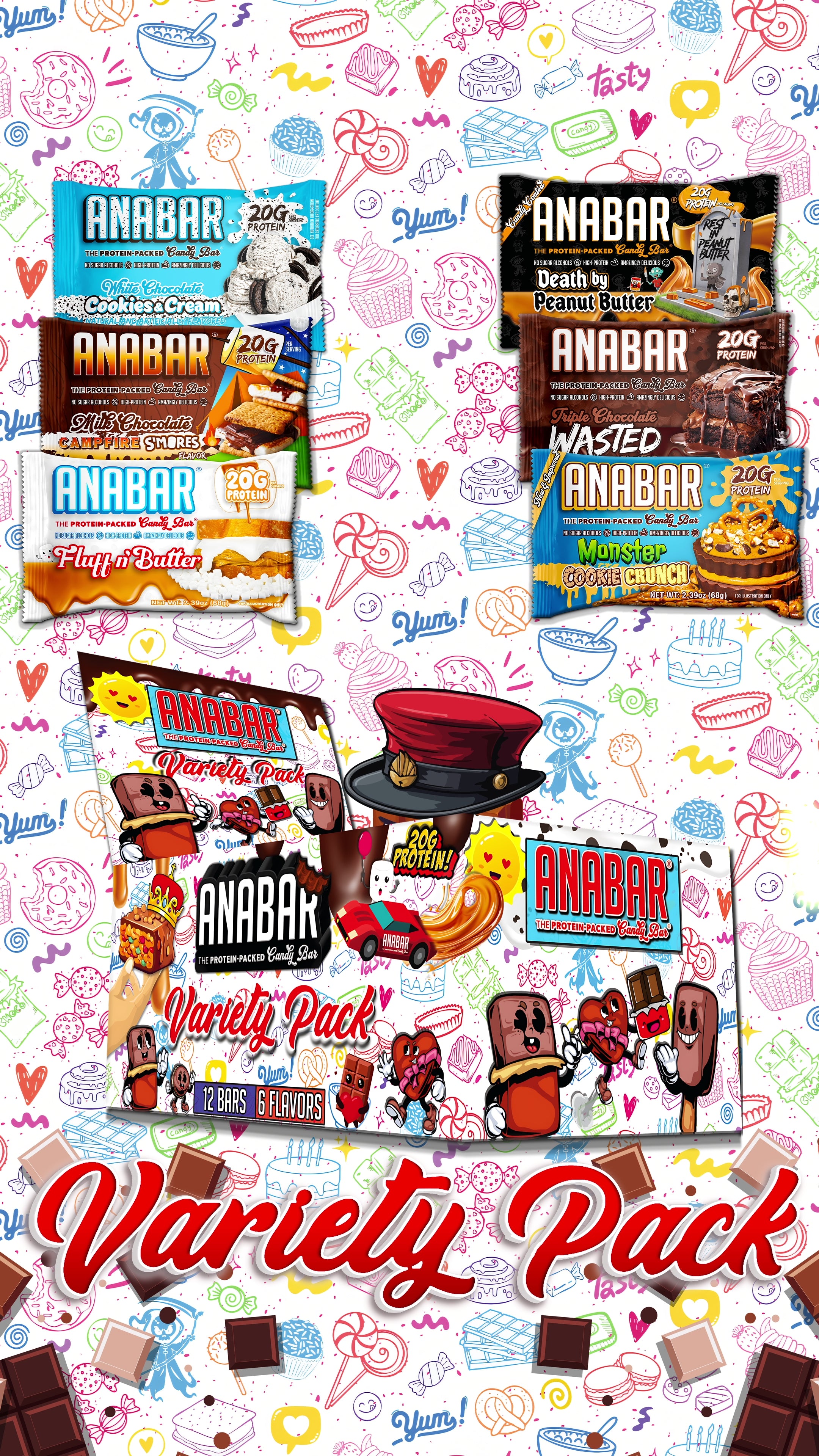 Load video: The video shows a Variety Pack that contains 6 different Anabars. A Chocolate character is popping up from behind a colorful box &amp; there are chocolate pieces floating.