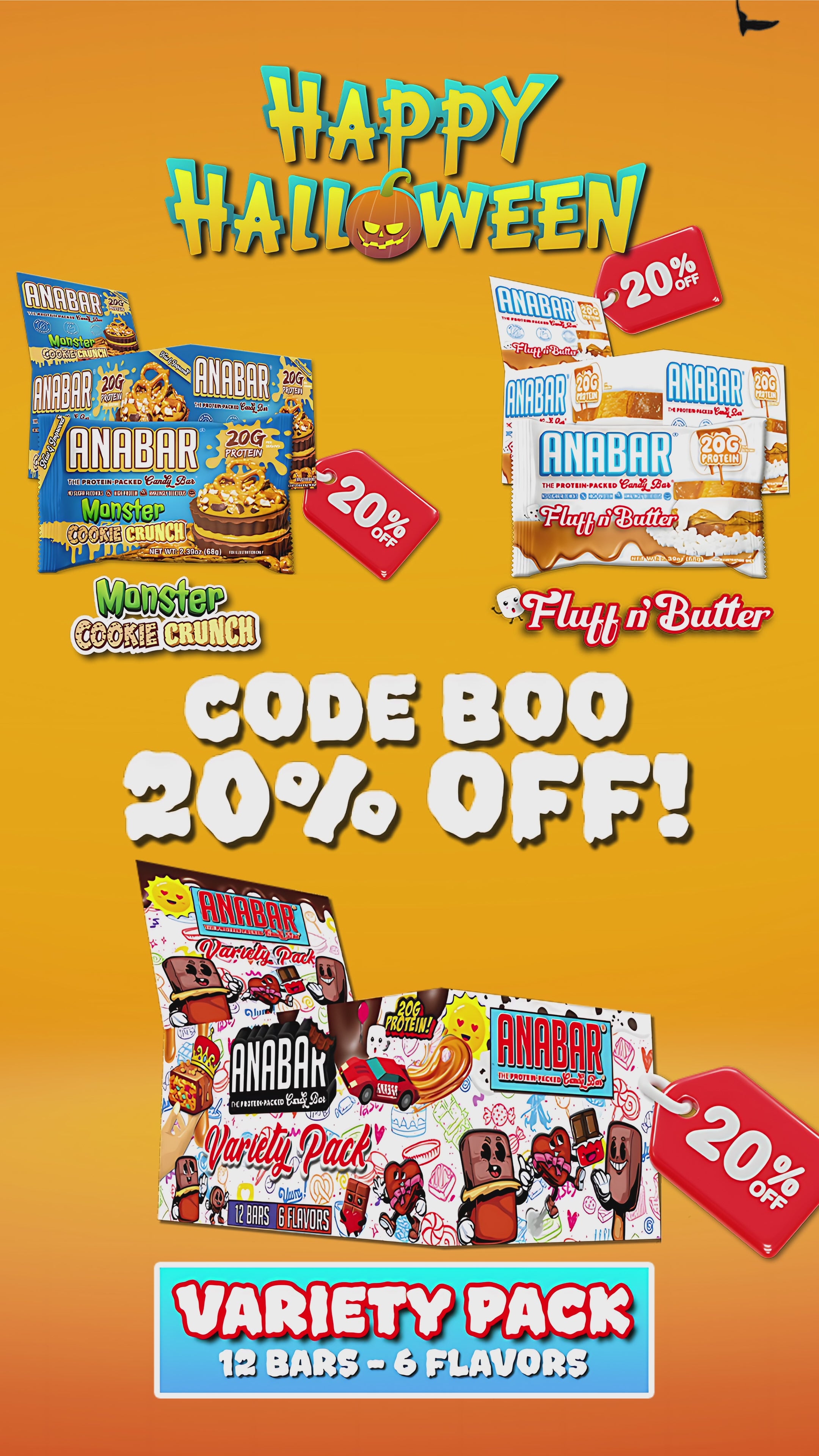 Load video: The video shows a Variety Pack that contains 6 different Anabars. A Chocolate character is popping up from behind a colorful box &amp; there are chocolate pieces floating.